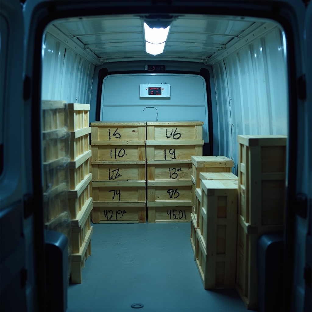 Interno di un veicolo climatizzato con casse impilate per il trasporto di documenti d'archivio