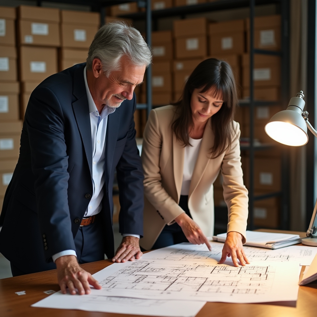 Coordinatrice e responsabile archivio consultano planimetrie della nuova sede su un tavolo di lavoro